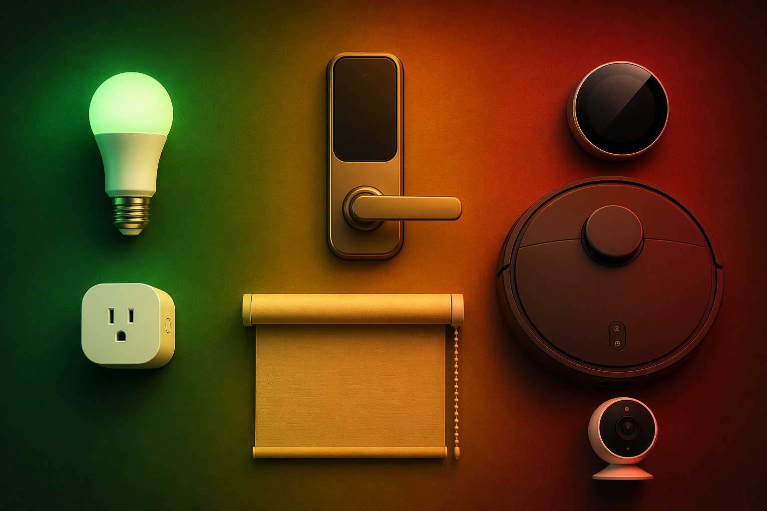 Smart home device categories arranged under green, yellow, and red traffic-light colors