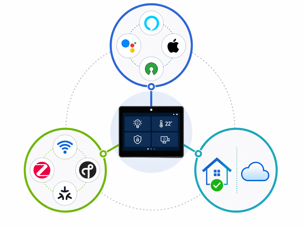 Decision triangle showing ecosystem fit, protocol support, and local versus cloud processing for smart home control panels