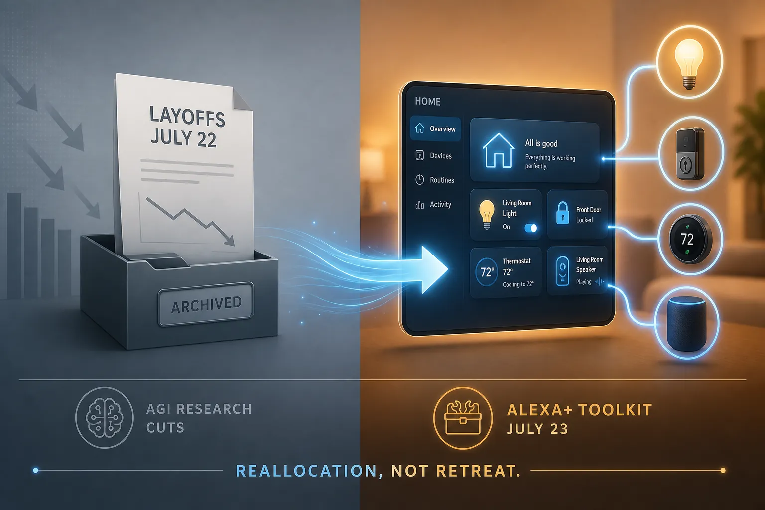 Split illustration contrasting AGI research cuts with Alexa+ smart home expansion