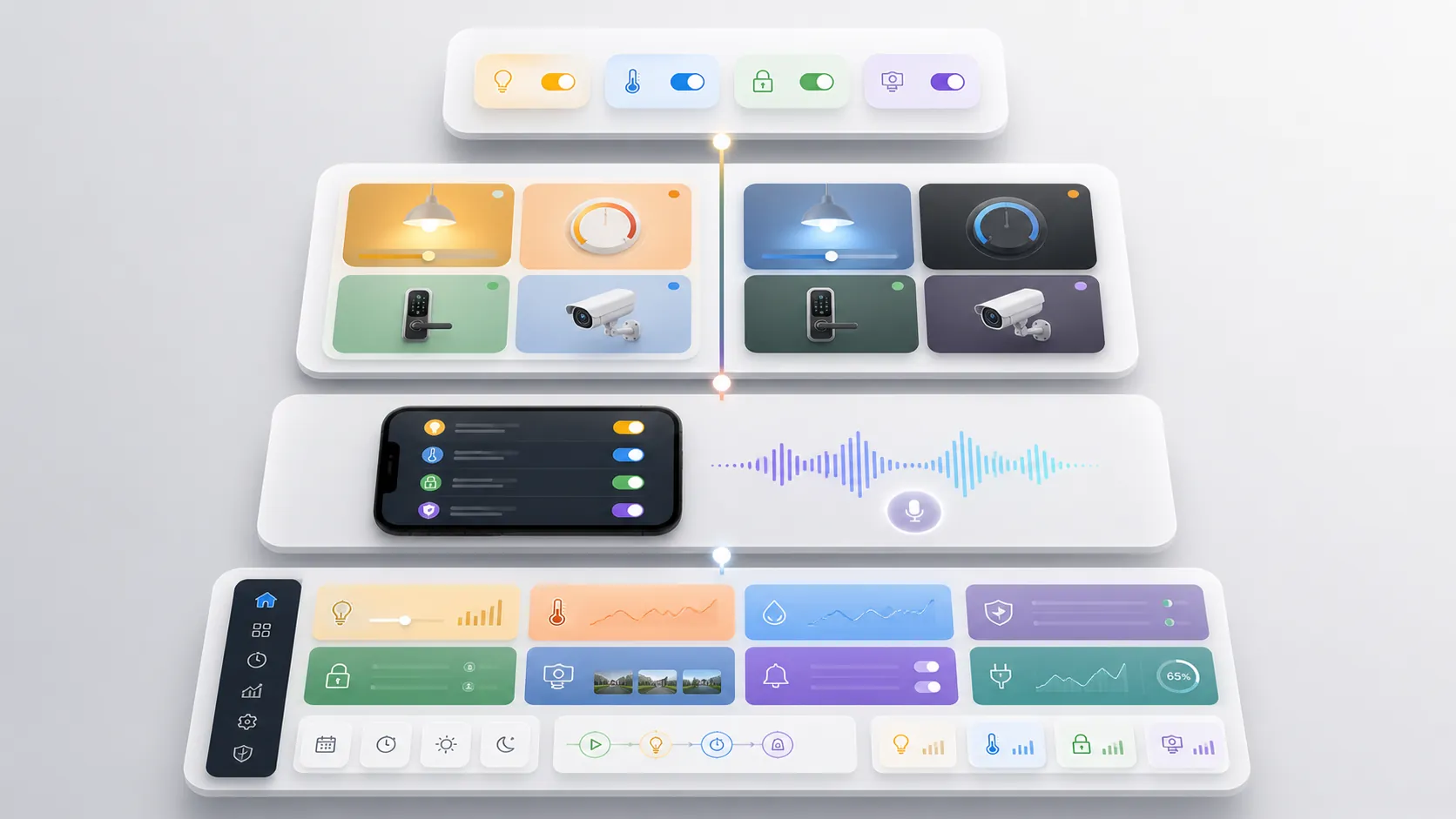 Four-layer stack of smart-home control panels showing quick controls, app dashboards, automation toggles, and a power-user dashboard