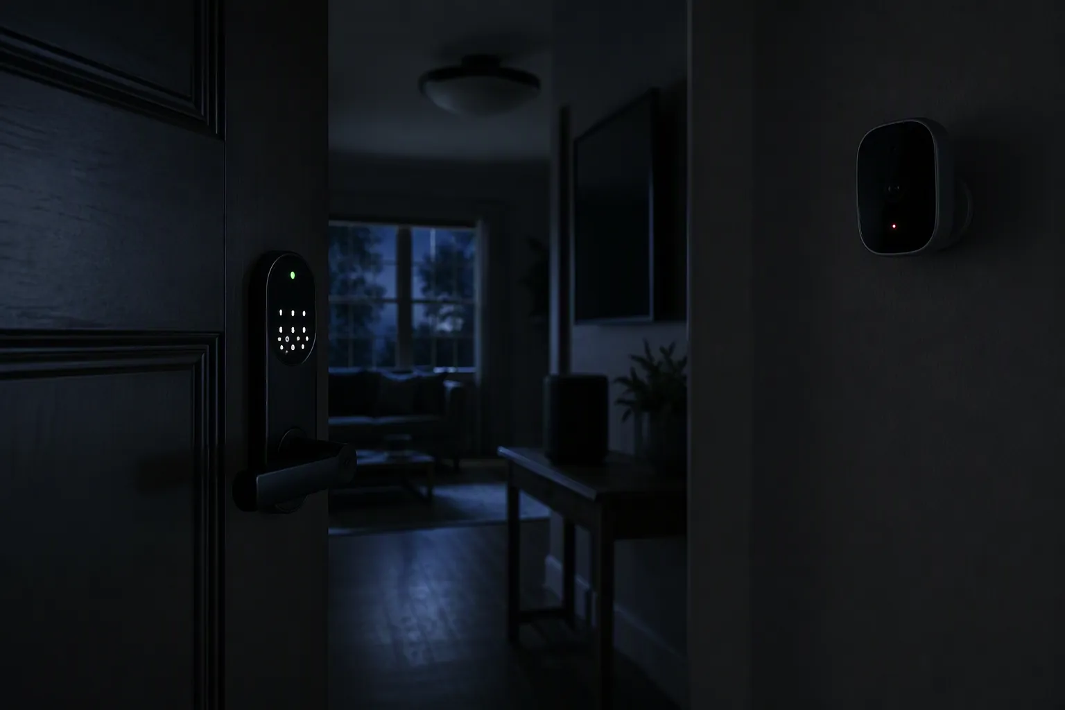 Dim home entryway during a blackout with a glowing smart lock and battery camera while indoor devices sit dark