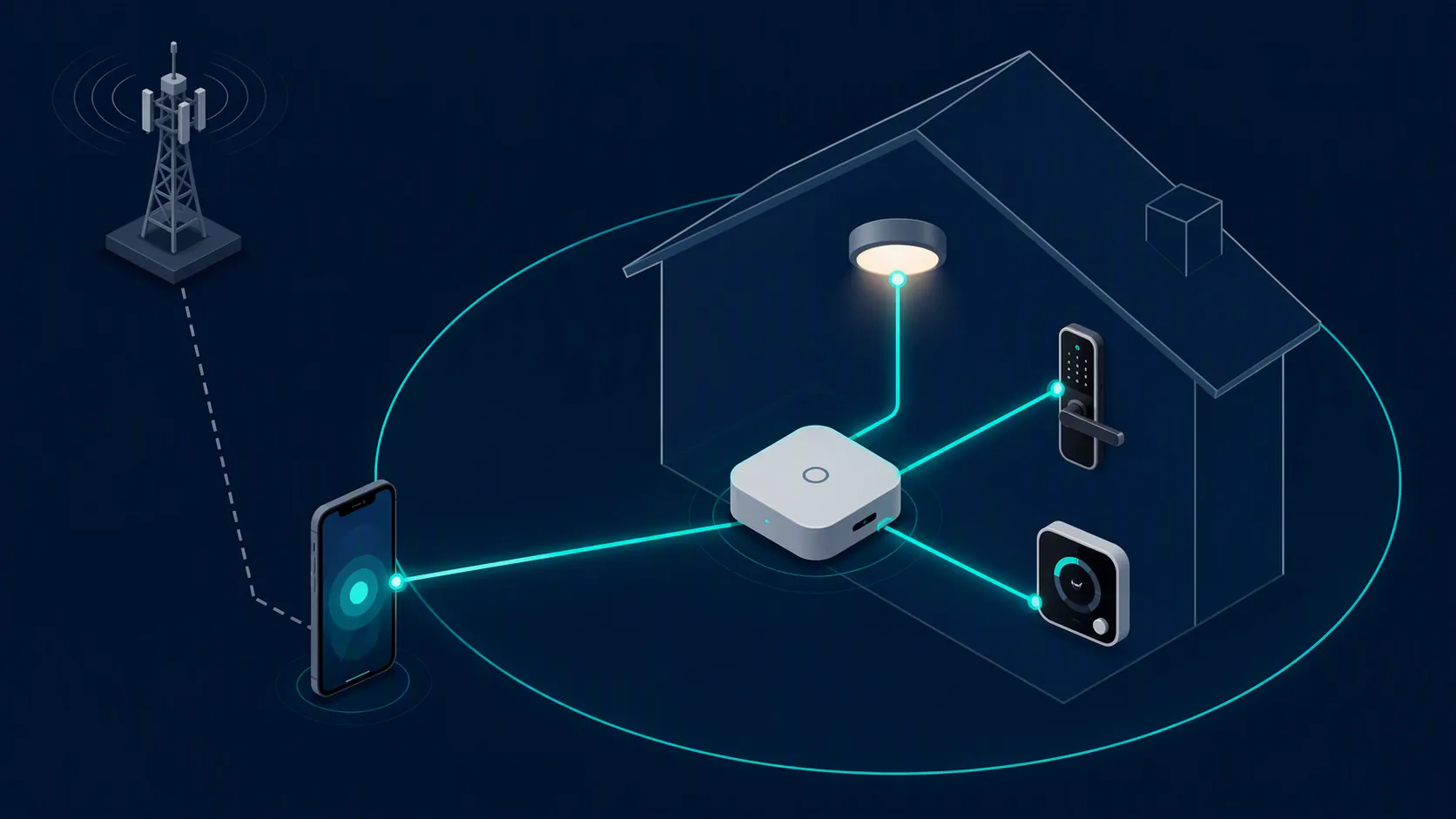 Smart home network showing local device links separate from a distant cell tower