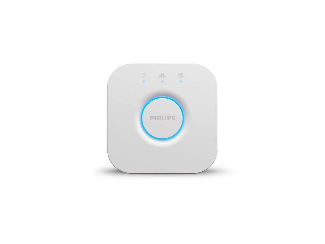 Official Philips Hue product photo showing the white square Hue Bridge v2 alongside Hue smart bulbs