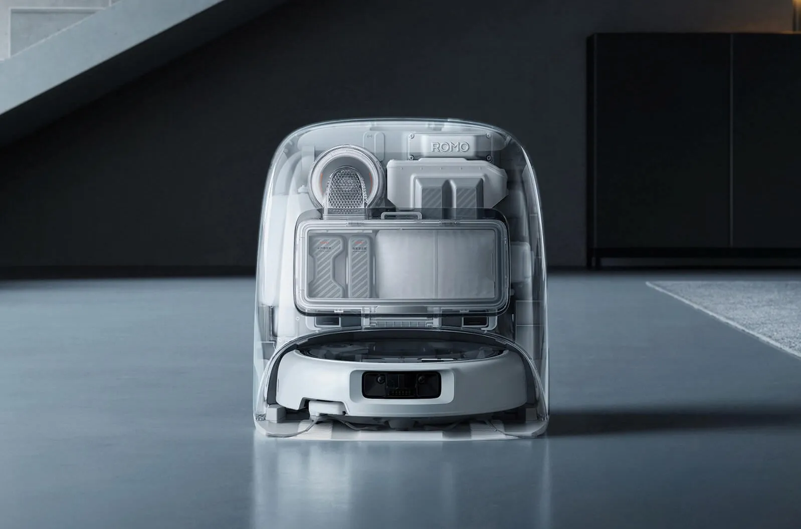 DJI Romo robot vacuum with a transparent body design
