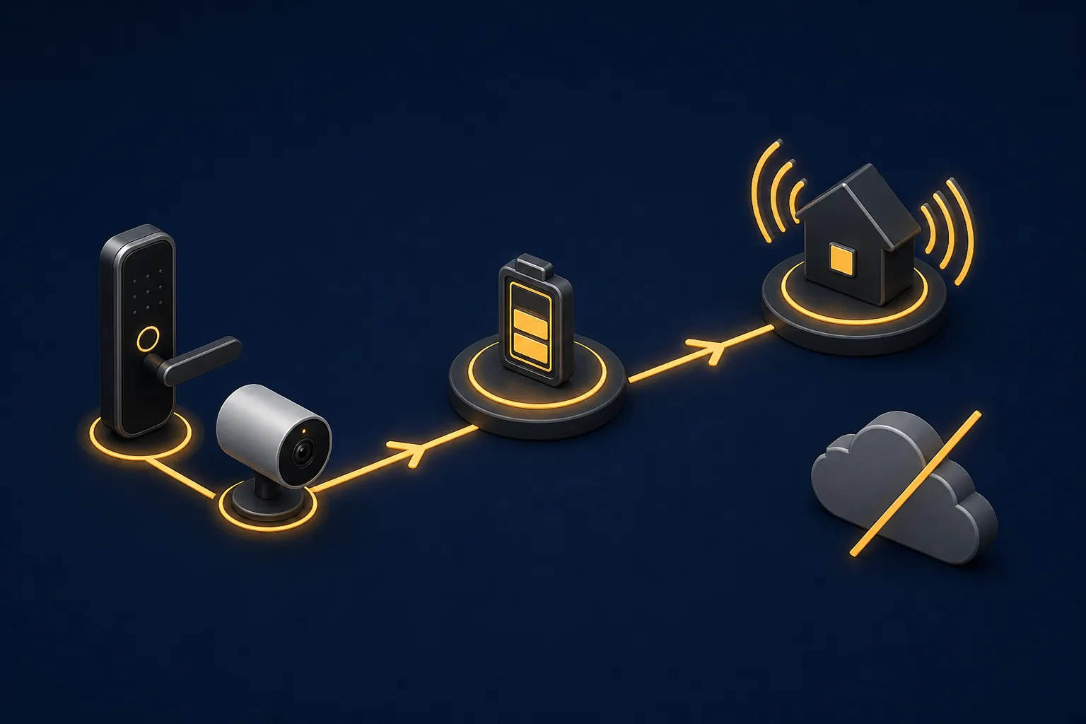 Diagram of a smart lock and security camera passing through battery and local hub checkpoints while a cloud is crossed out