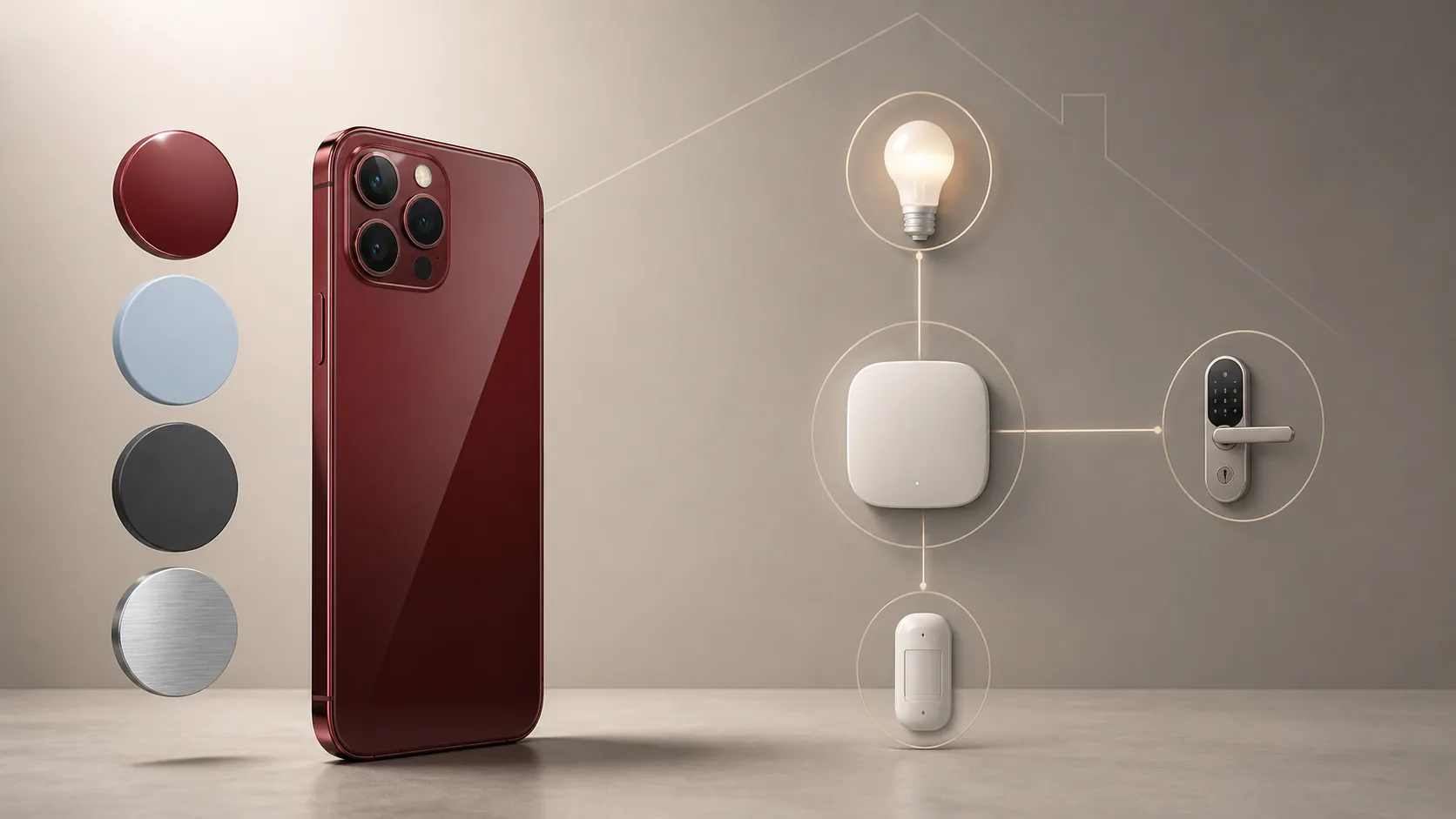 Unlabeled premium smartphone beside deep cherry, light blue, graphite gray, and silver finish swatches with smart home icons
