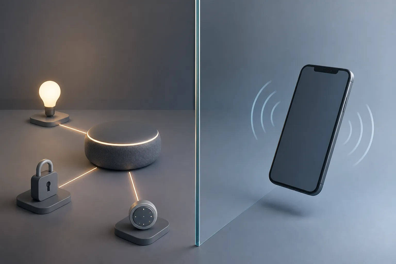 Smart-home hub running a connected home network while a separate smartphone shows radio waves on the other side of a divider