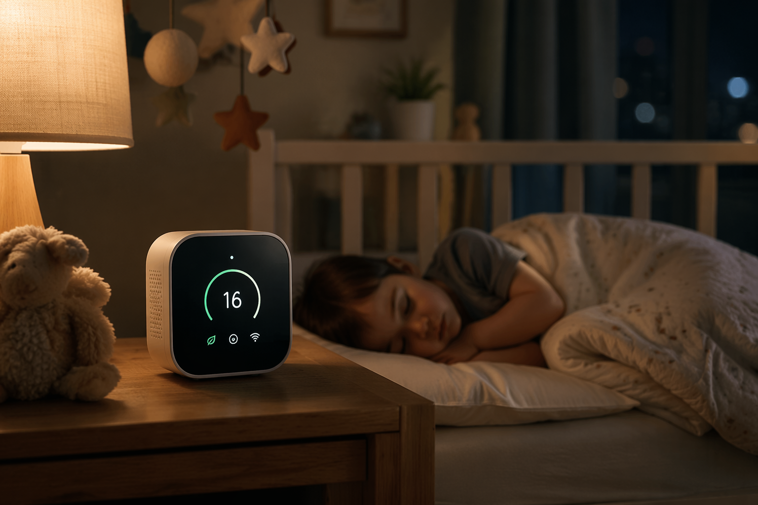 Smart air quality monitor glowing on a nursery nightstand while a child sleeps in the background