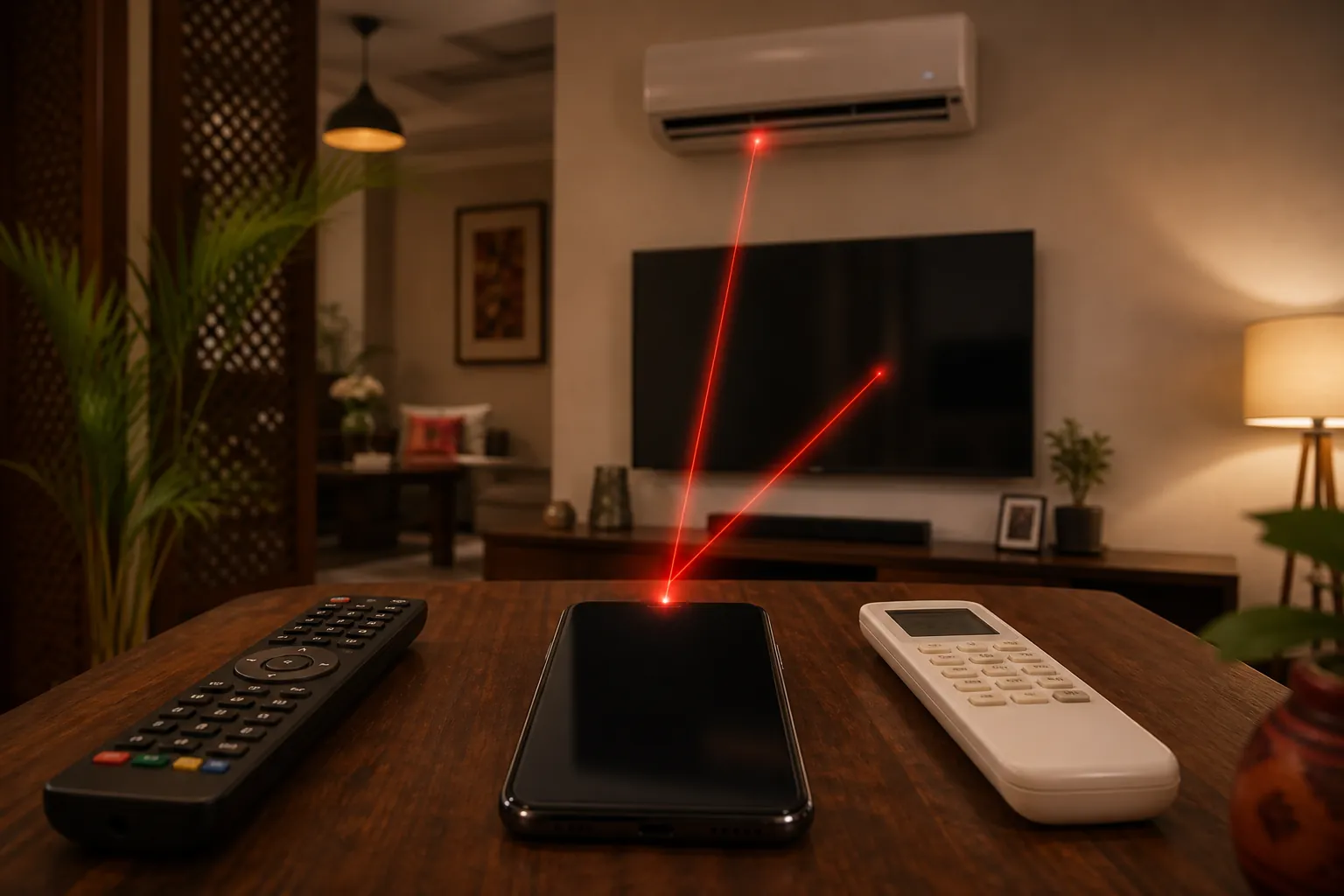 Smartphone sending an infrared signal to a TV and wall-mounted air conditioner with old remotes beside it