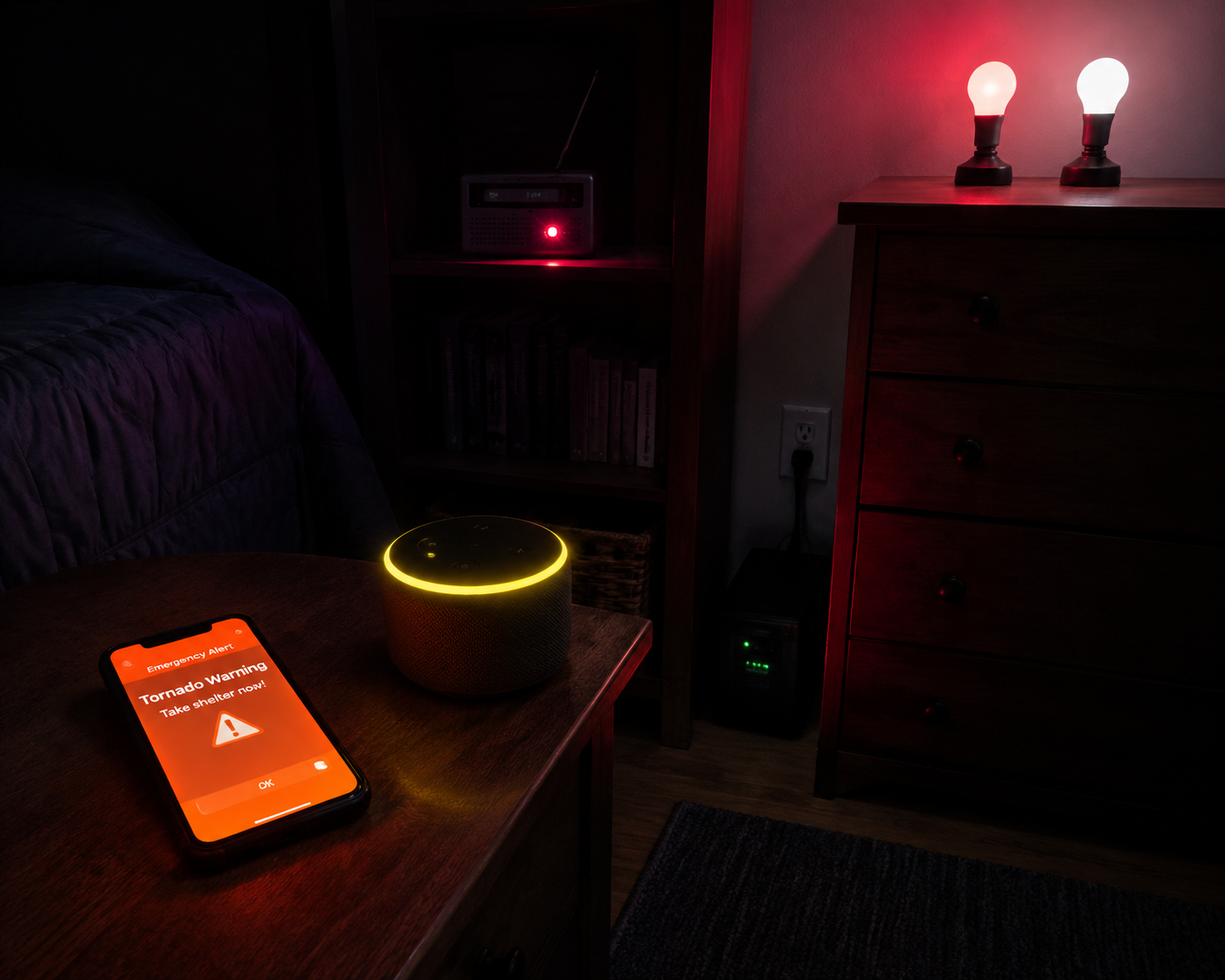 A bedroom at night with a phone warning banner, smart speaker alert light, flashing smart bulbs, and a portable weather radio