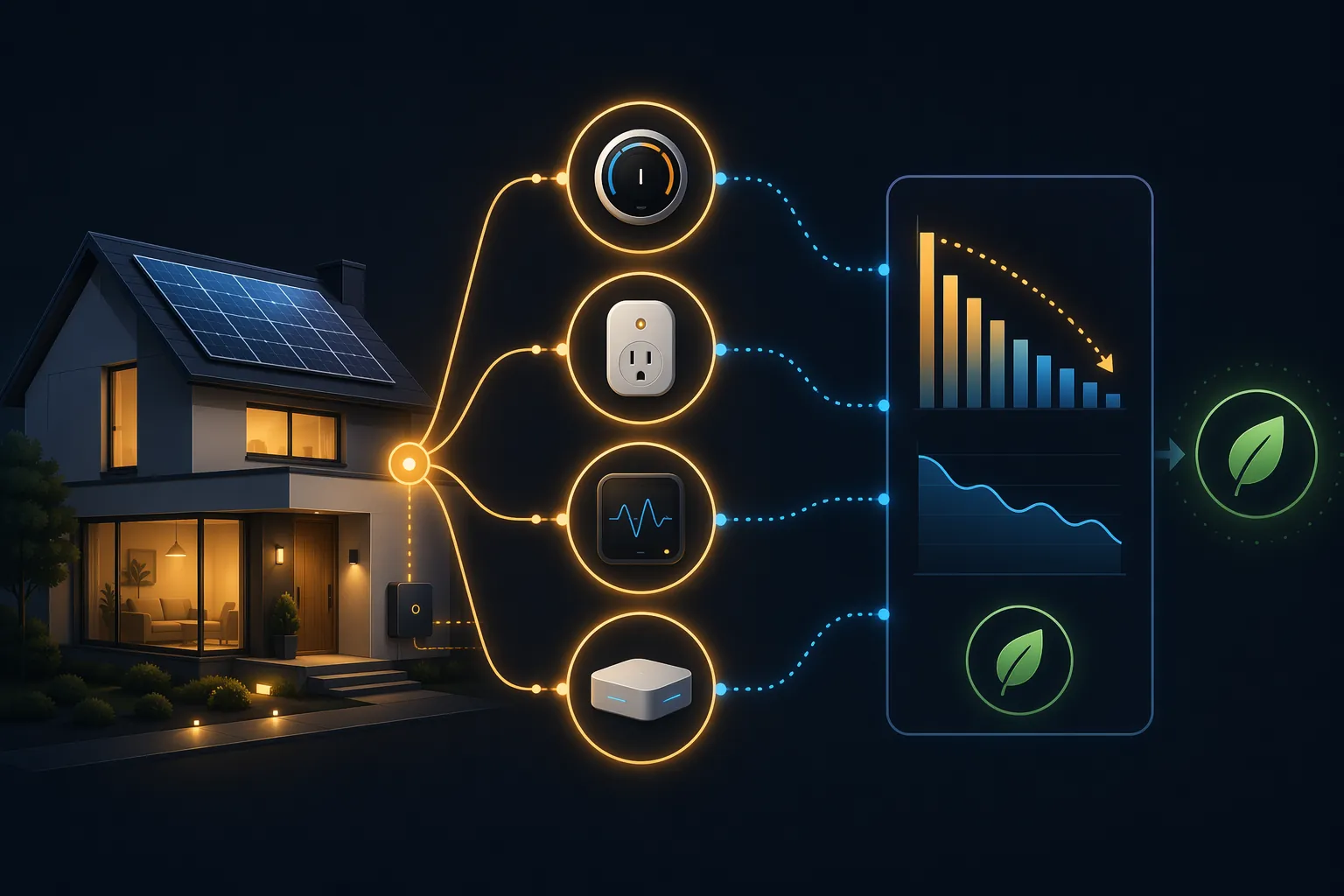 Smart home energy management illustration with solar, thermostat, smart plug, energy monitor, and central hub