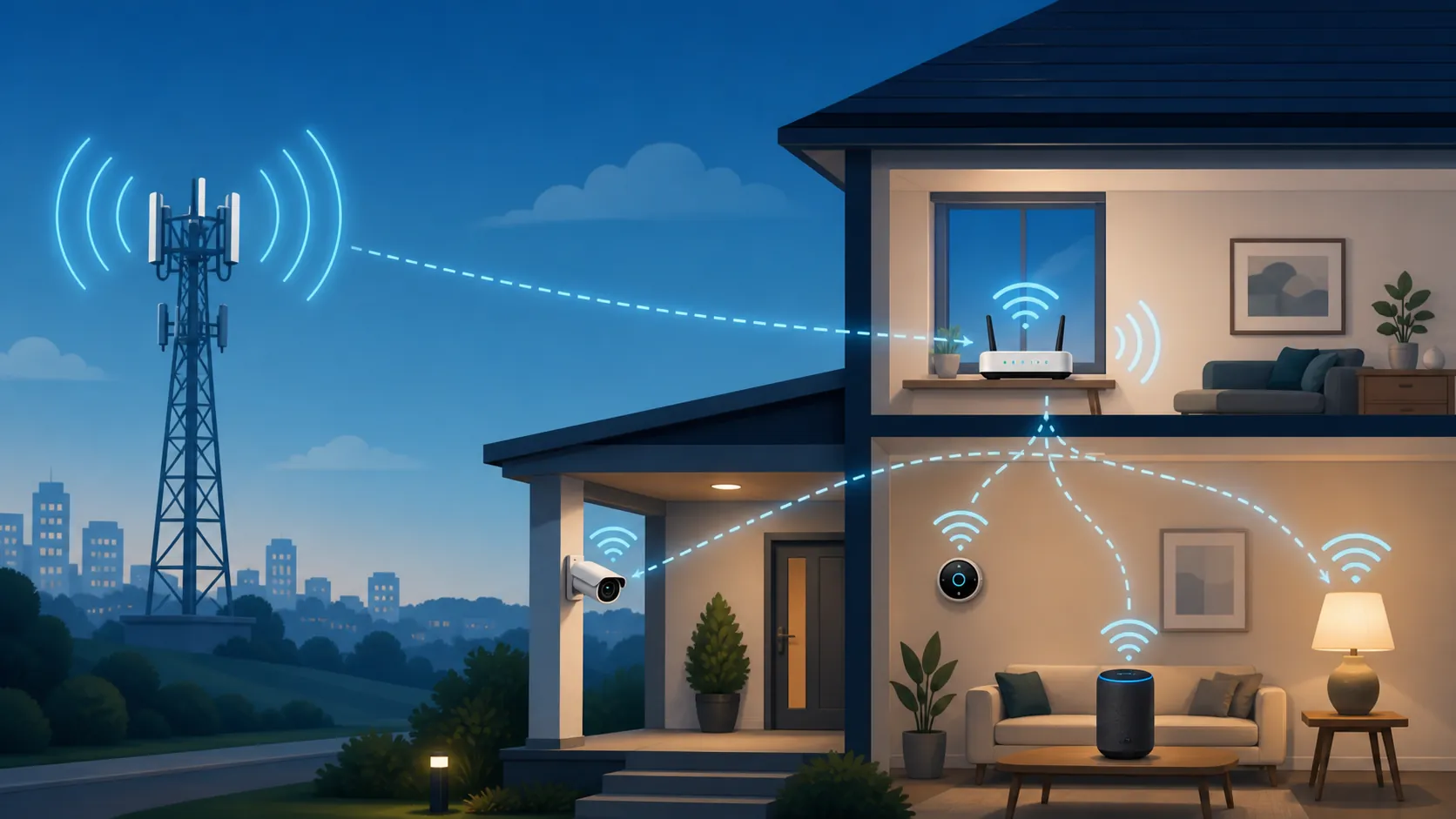5G tower feeding a home gateway that connects smart home devices over local Wi-Fi