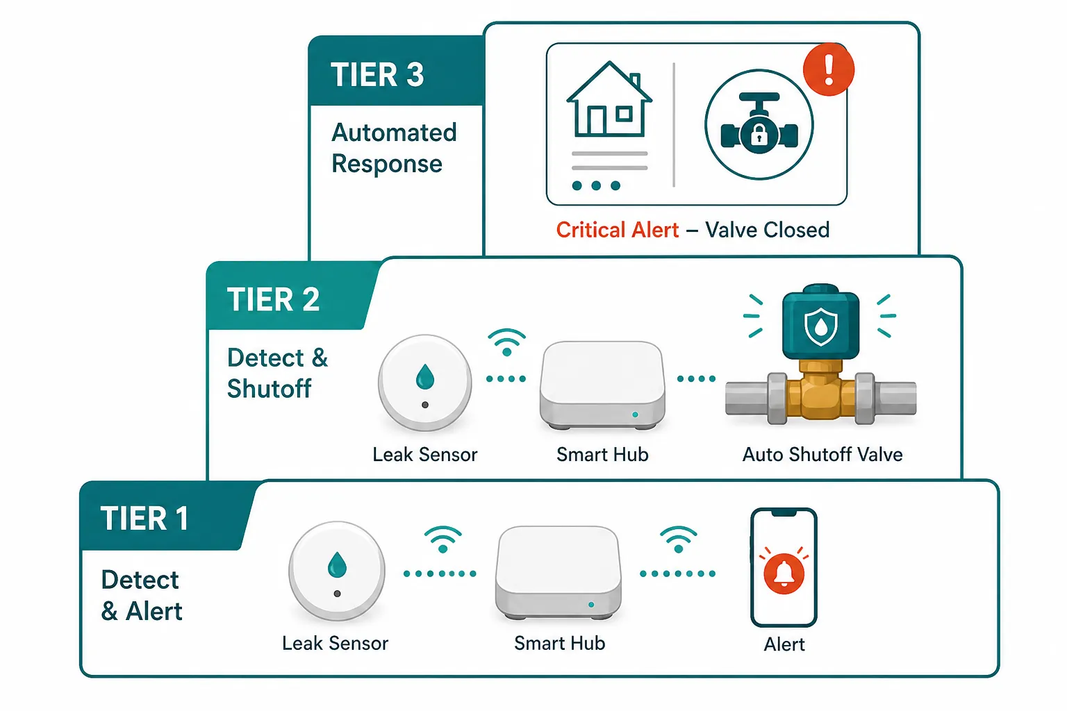 Stepped diagram showing three smart flood protection tiers: sensor and hub alert, sensor with automatic shutoff valve, and Home Assistant incident automation