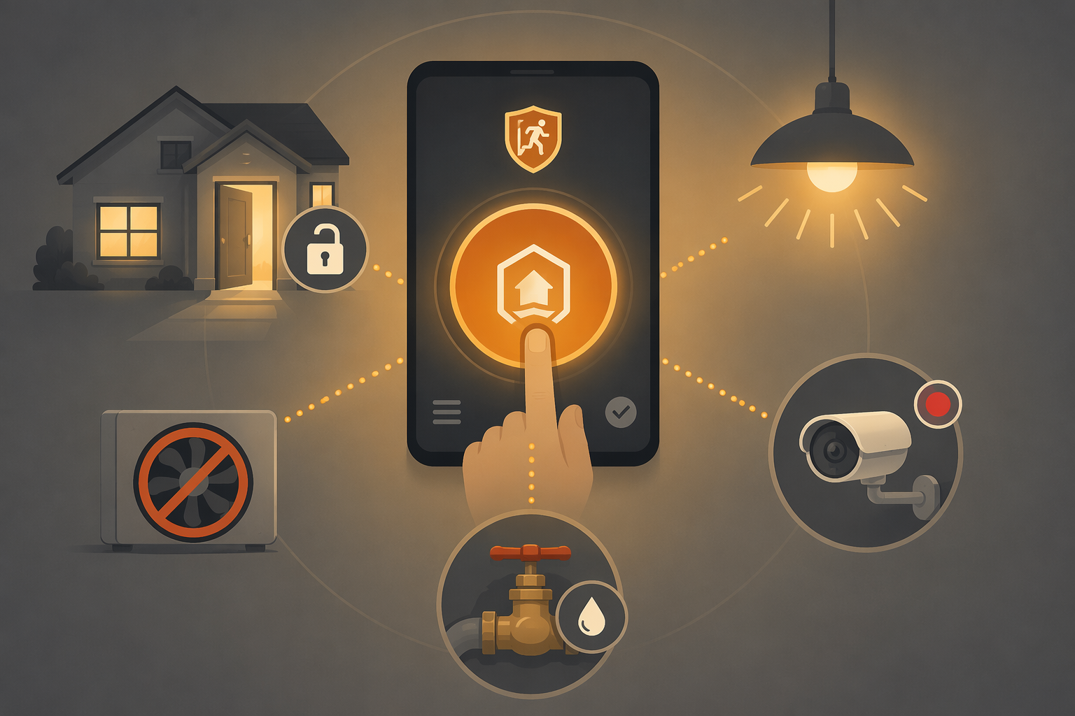 Tablet with one-tap evacuate button surrounded by smart home actions for locks, lights, HVAC, cameras, and water shutoff