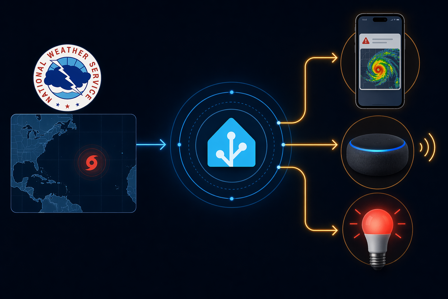 Flowchart showing NWS tropical weather alert data entering Home Assistant and triggering phone, speaker, and smart bulb actions