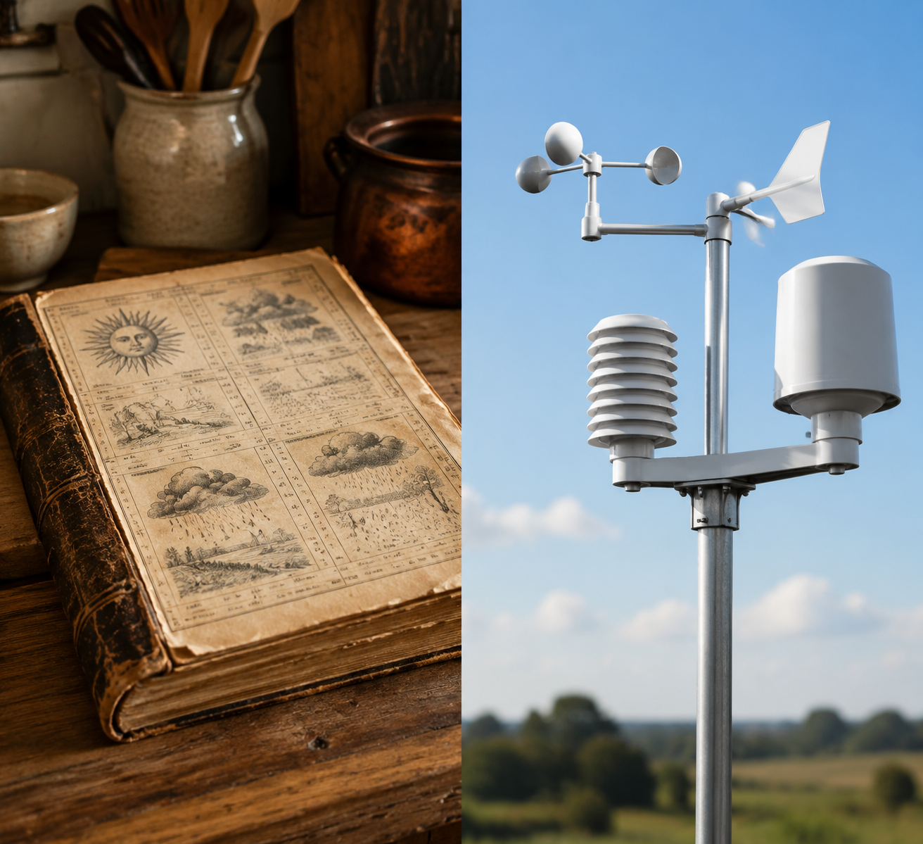 A vintage almanac on a kitchen counter beside a modern smart weather station mounted outdoors