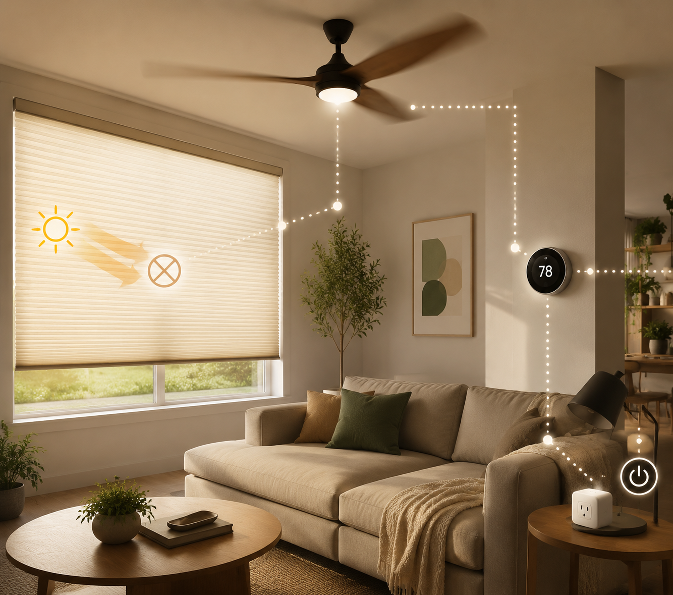 Coordinated smart home cooling scene with closed honeycomb blinds, ceiling fan, thermostat, and smart plug