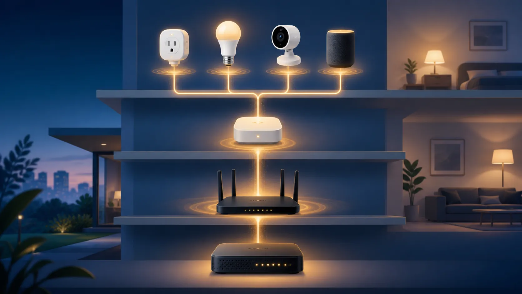 Editorial flat illustration of a smart home network being restored in dependency order from modem to router, hub, and devices