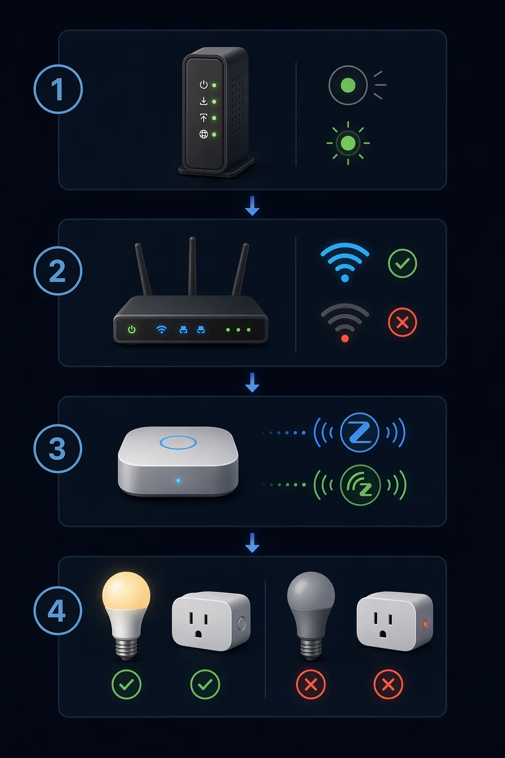 Four-layer diagnostic flowchart showing modem, router, smart hub, and smart devices