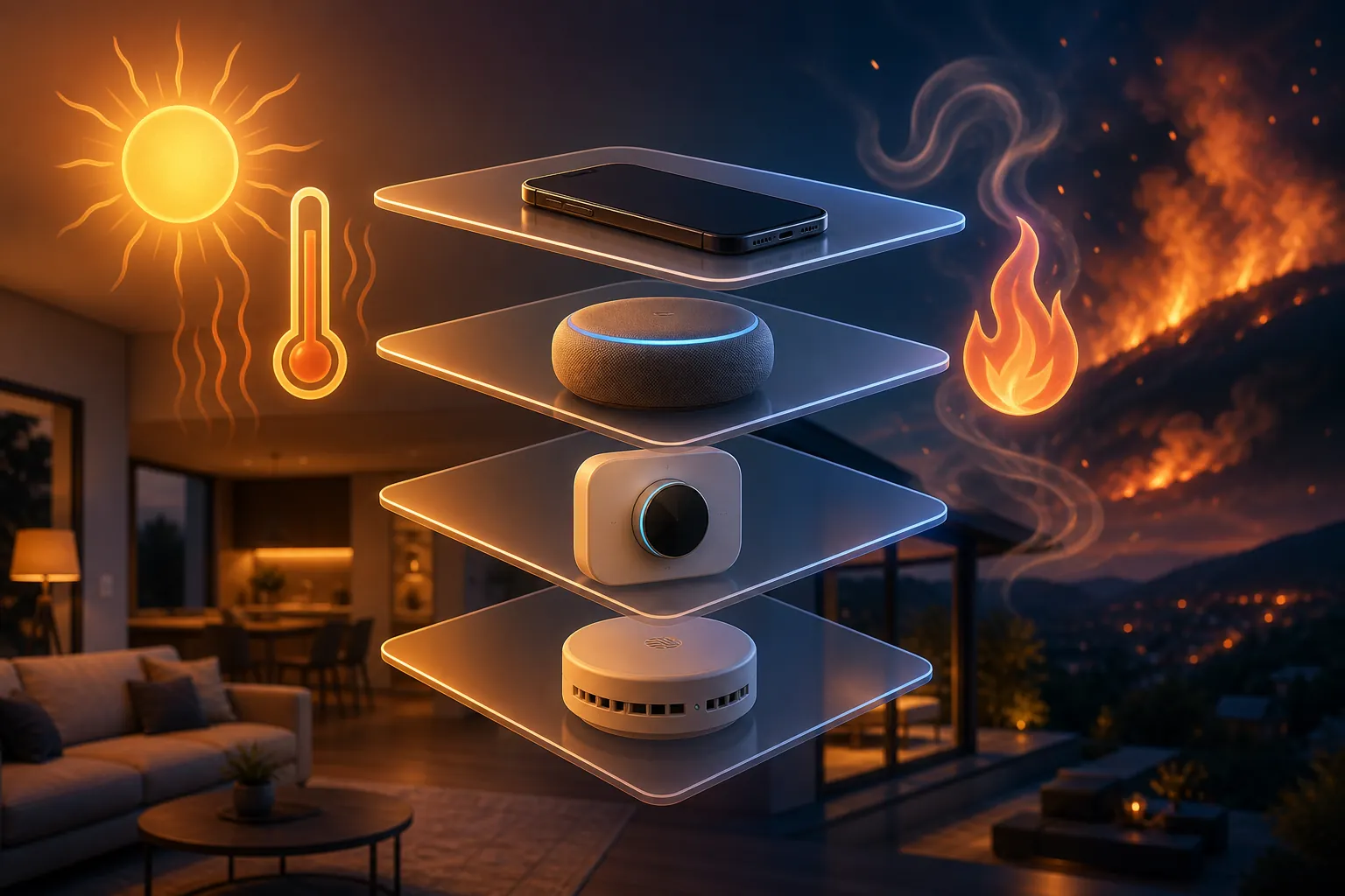 Layered smart home alert stack with phone, speaker, thermostat, and smoke detector for heat and wildfire hazards