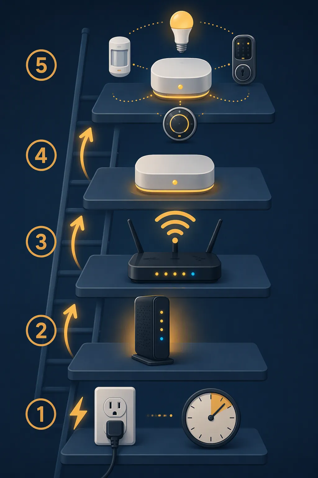 Five-step restoration ladder showing power stabilization, modem, router, smart hub, and reconnecting devices