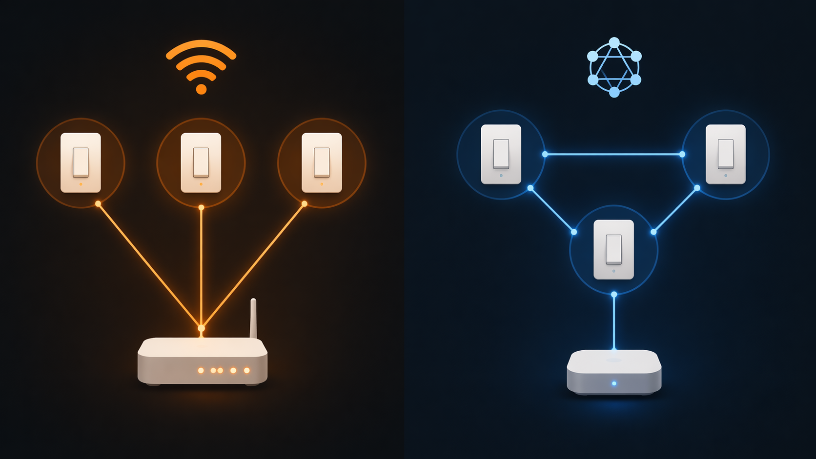 Network topology comparison showing Wi-Fi switches connected to a central router and Thread switches interconnected in a mesh