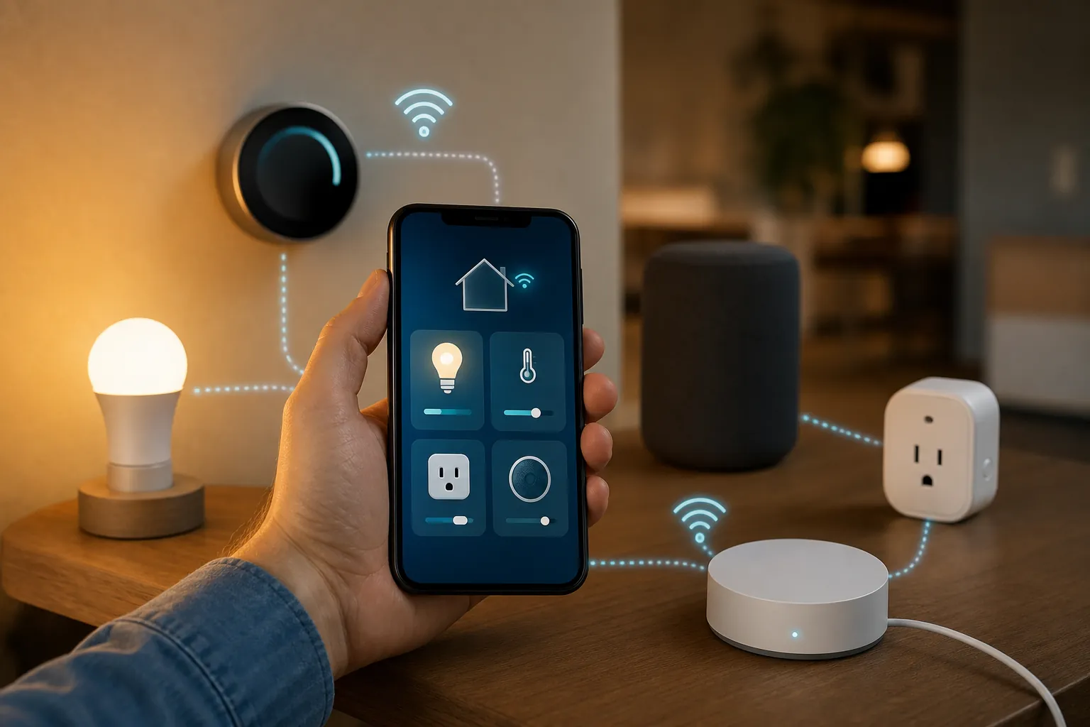 Smartphone controlling Wi-Fi smart home devices while a separate Thread border router connects other devices