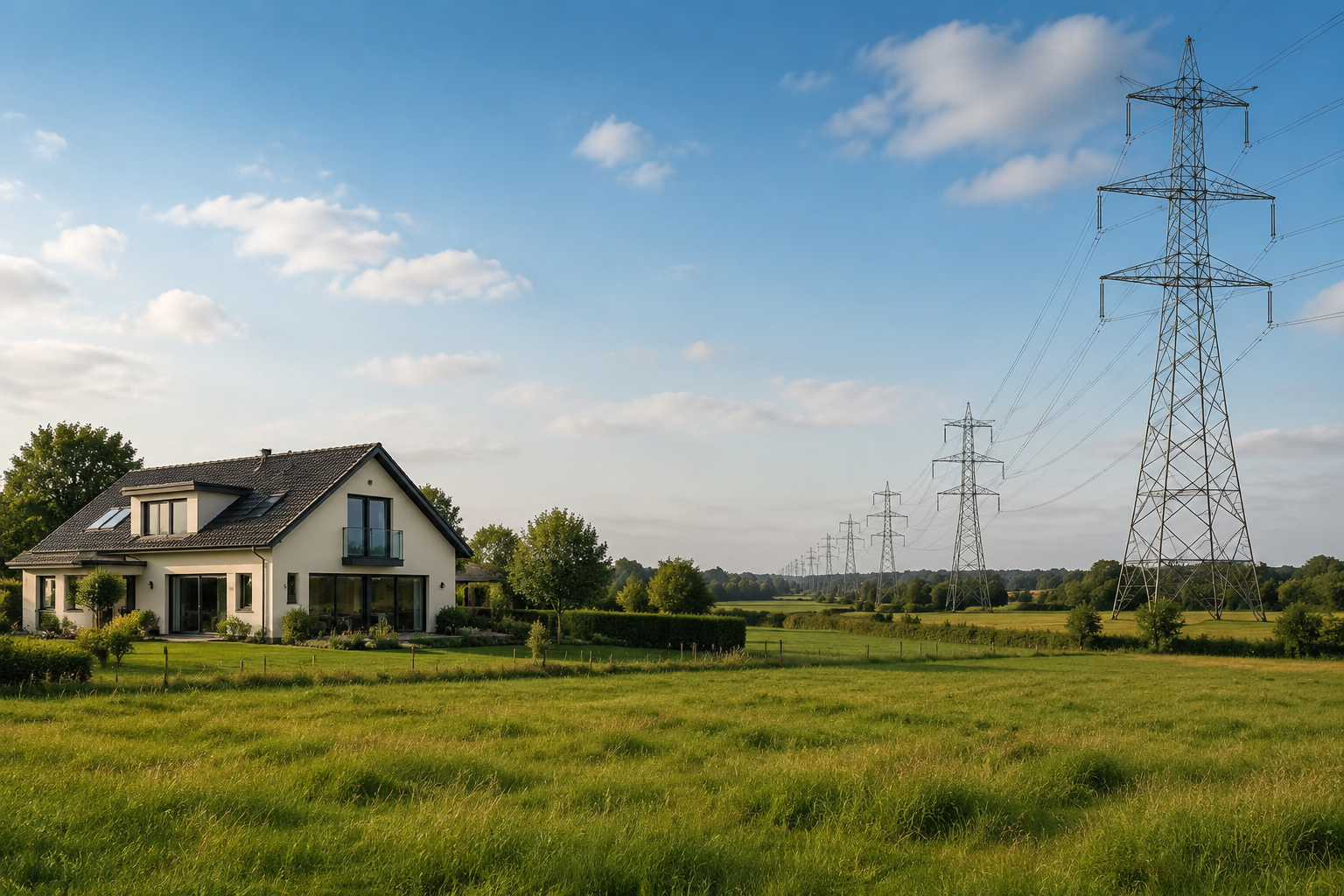 Rural modern home with distant transmission towers approaching across open fields