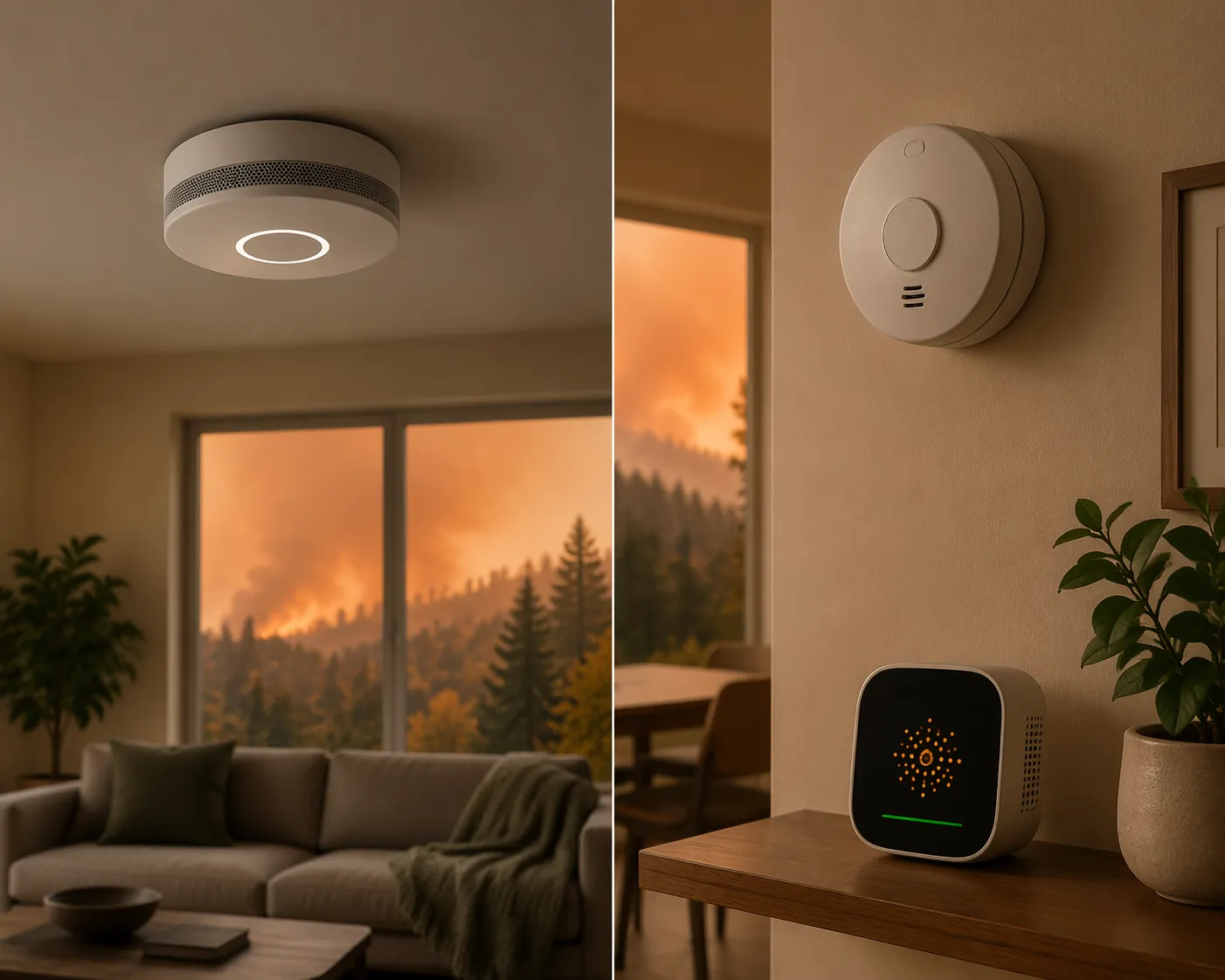 Split view of a single ceiling-mounted smart smoke detector versus a separate smoke detector and air quality monitor during hazy wildfire-season light