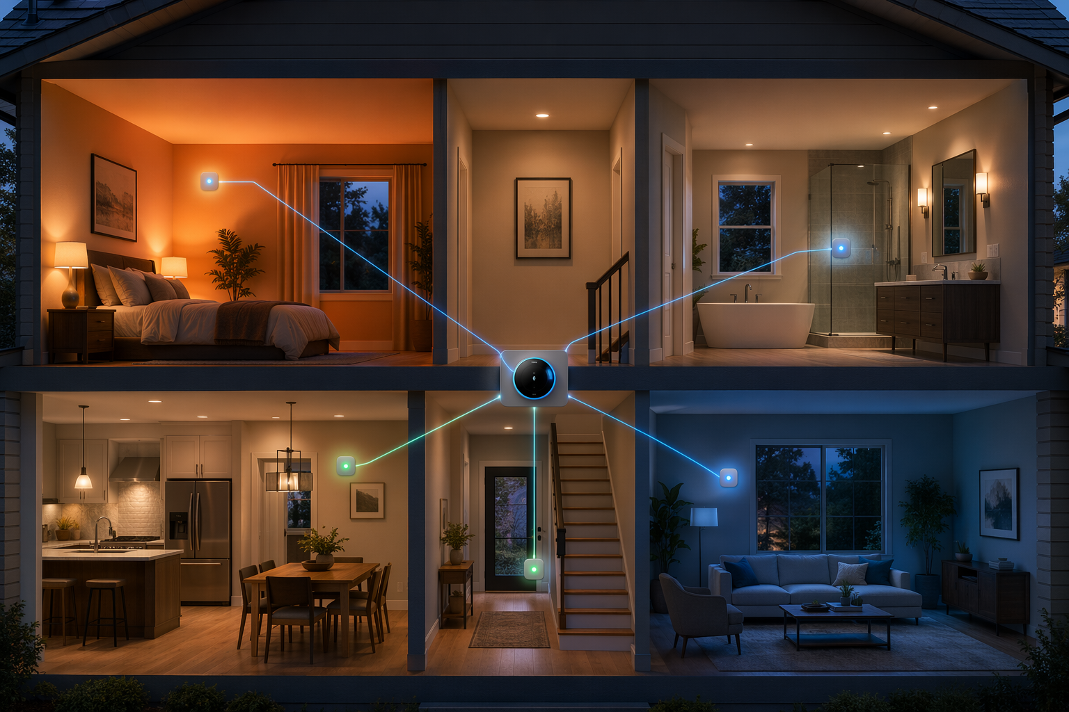 Two-story home cutaway with warm and cool rooms connected by sensor nodes to a hallway smart thermostat