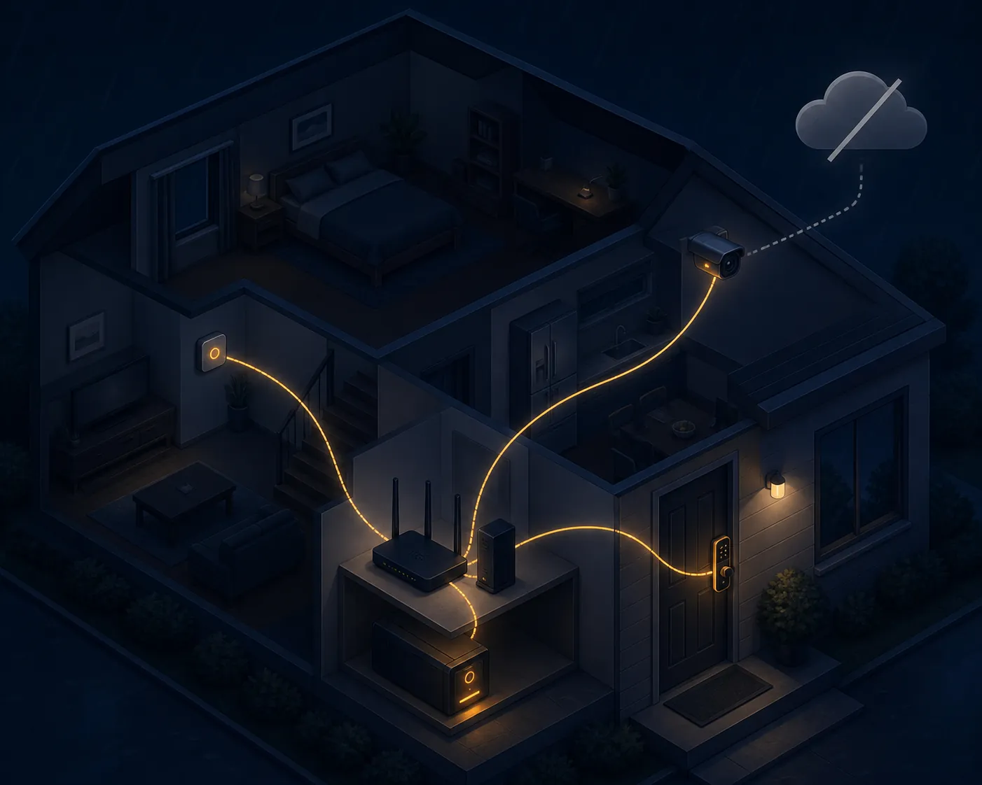 Nighttime house cutaway showing a router and modem on a UPS connected to a smart lock, camera, and wall sensor while the cloud is unavailable