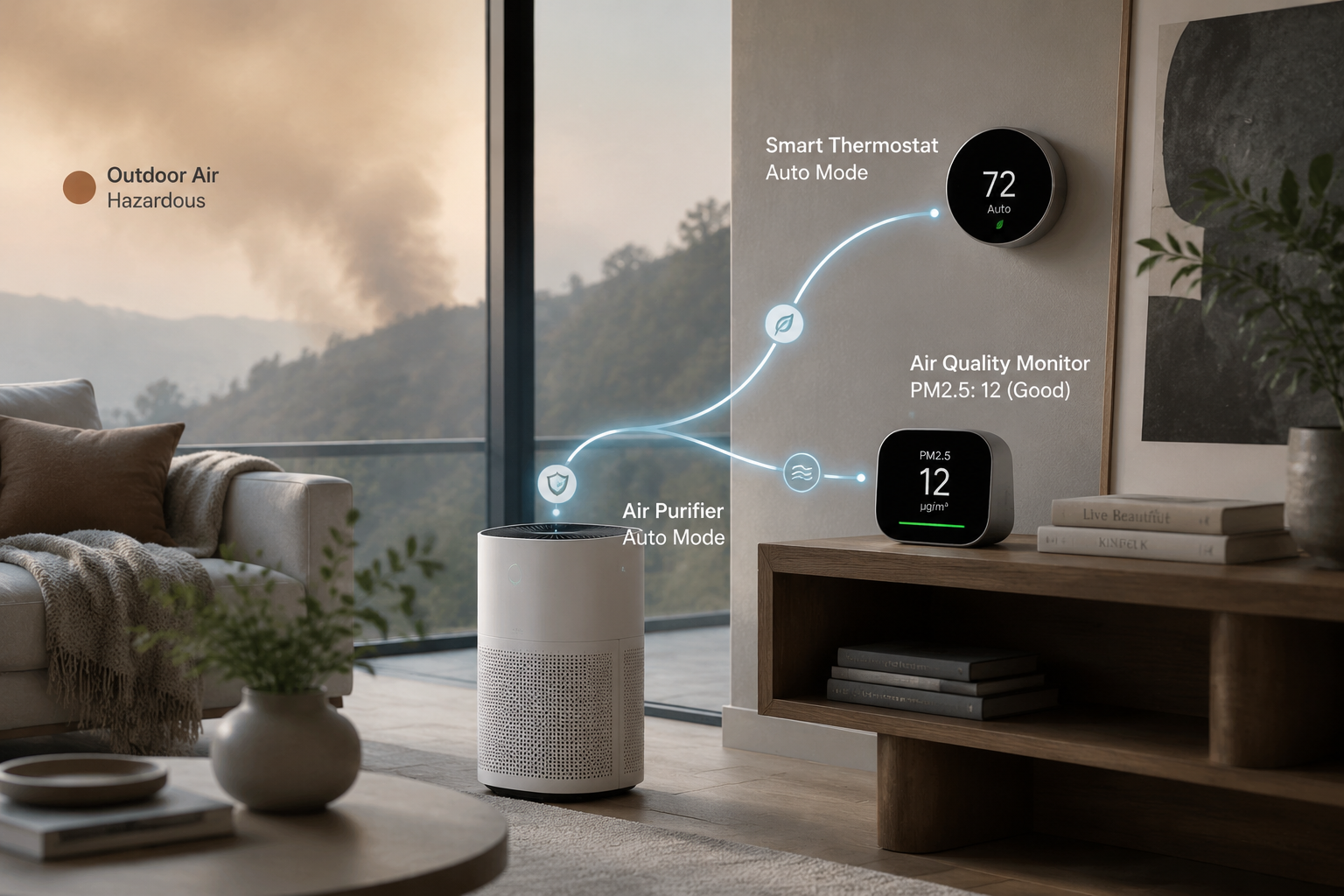 Modern living room with a PM2.5 monitor, floor-standing air purifier, and wall thermostat coordinating during wildfire smoke