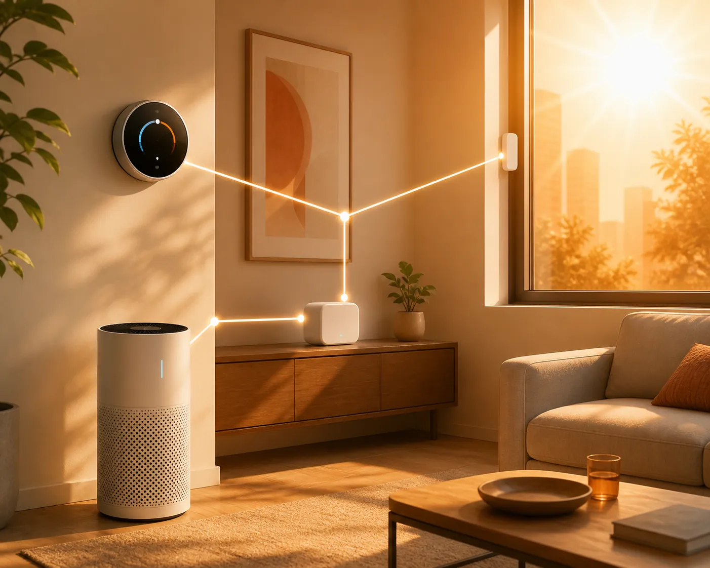 Smart thermostat, air purifier, window sensor, and hub linked as one coordinated heatwave automation system