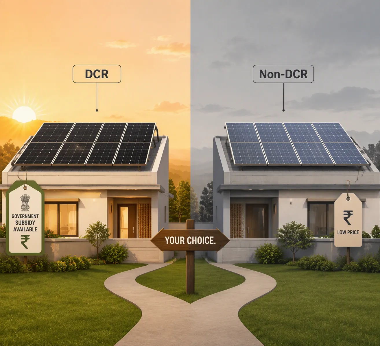 Illustration comparing a rooftop with DCR solar panels and a rooftop with non-DCR solar panels