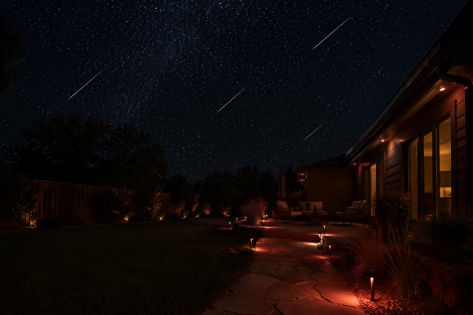 Suburban backyard under a meteor shower with dim red and warm amber smart lights along a patio path