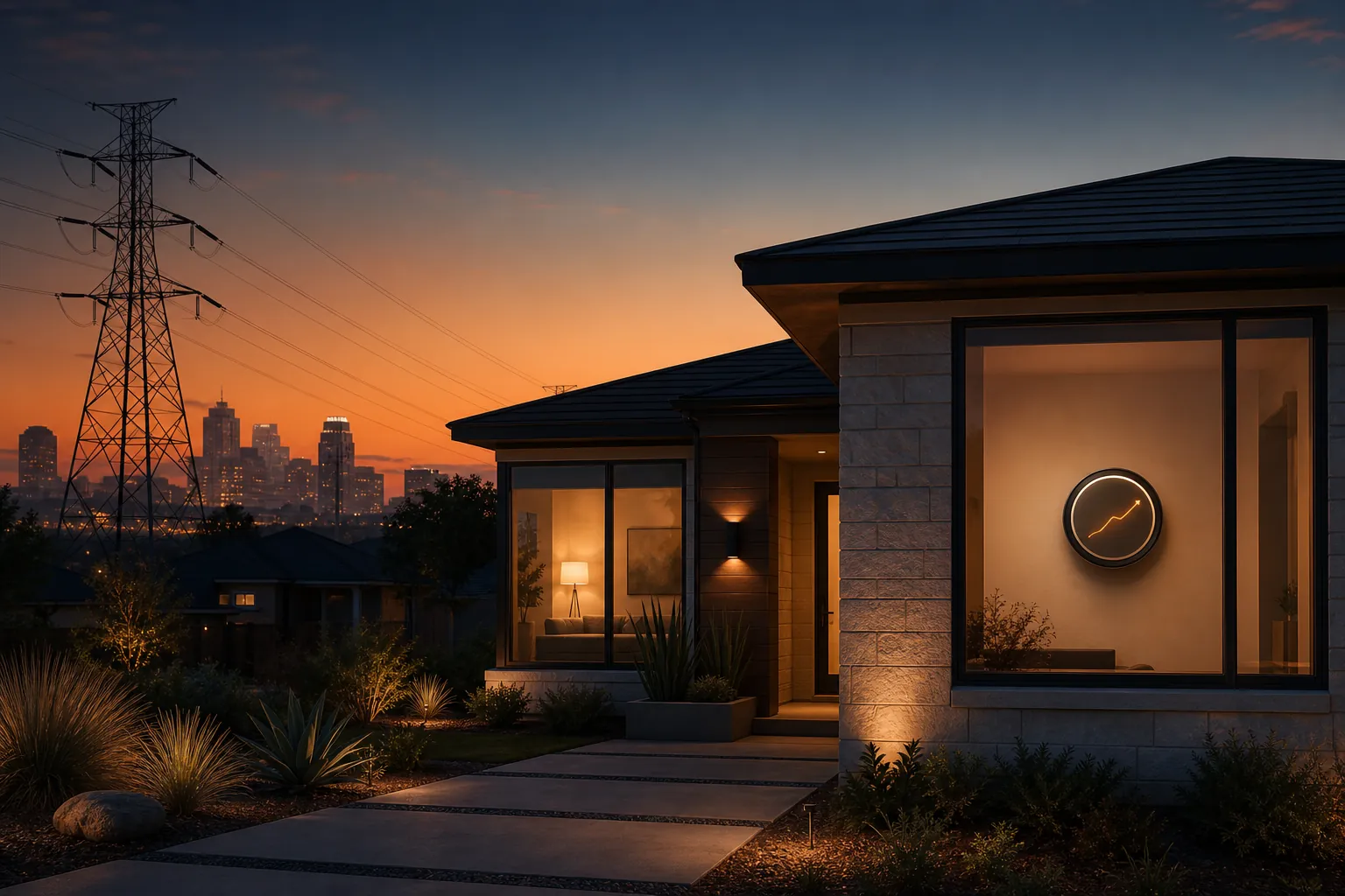 Texas suburban home at dusk with a smart thermostat and power lines in the evening sky