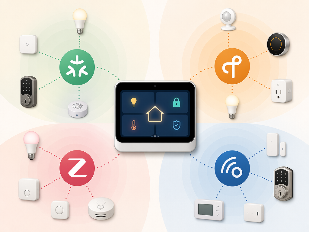 Smart home control panel connected to Matter, Thread, Zigbee, and Z-Wave devices including a light, lock, sensor, and thermostat
