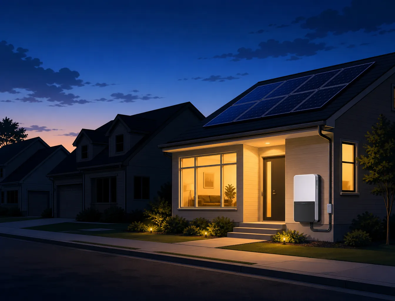 Whole-home battery backup illustration showing one house lit during a neighborhood blackout