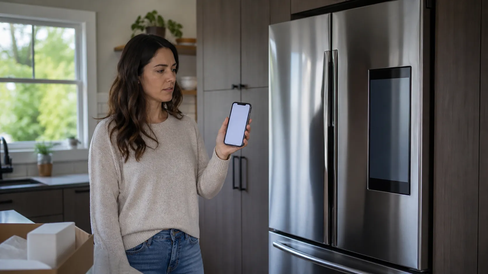 A woman stands in a modern kitchen holding a smartphone in front of an installed smart refrigerator
