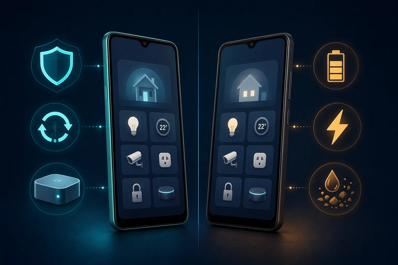 Split illustration comparing a software-supported Samsung phone with a rugged long-battery OPPO phone