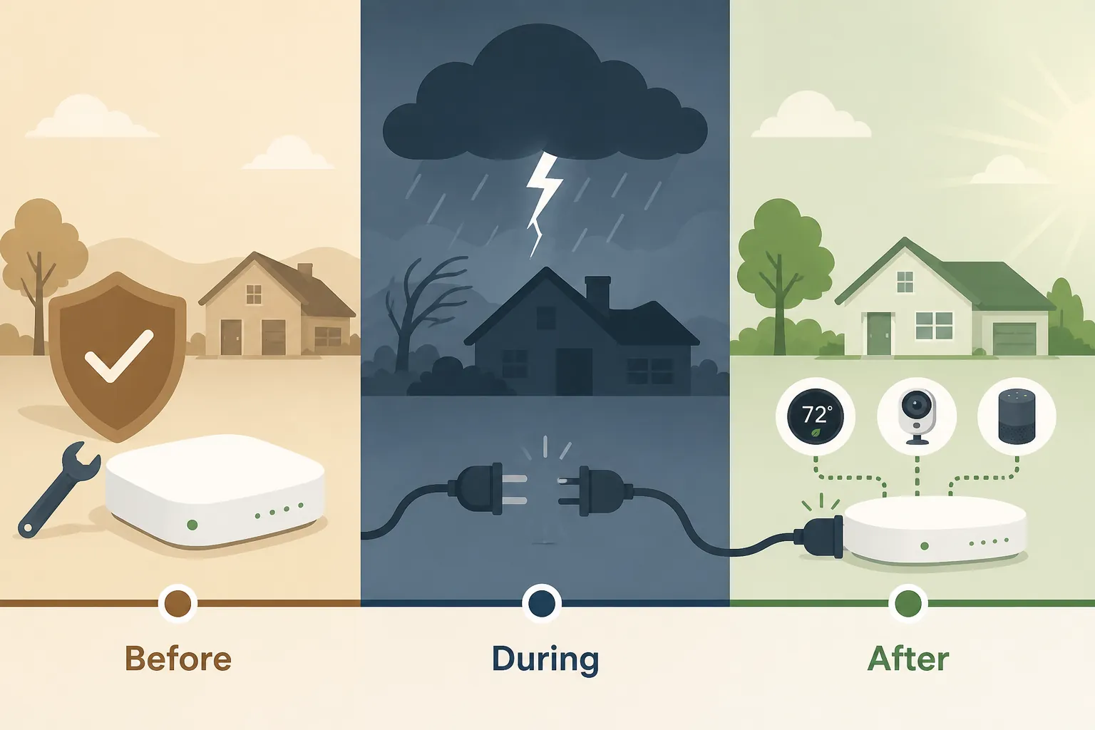 Three-part smart-home storm plan labeled Before, During, and After