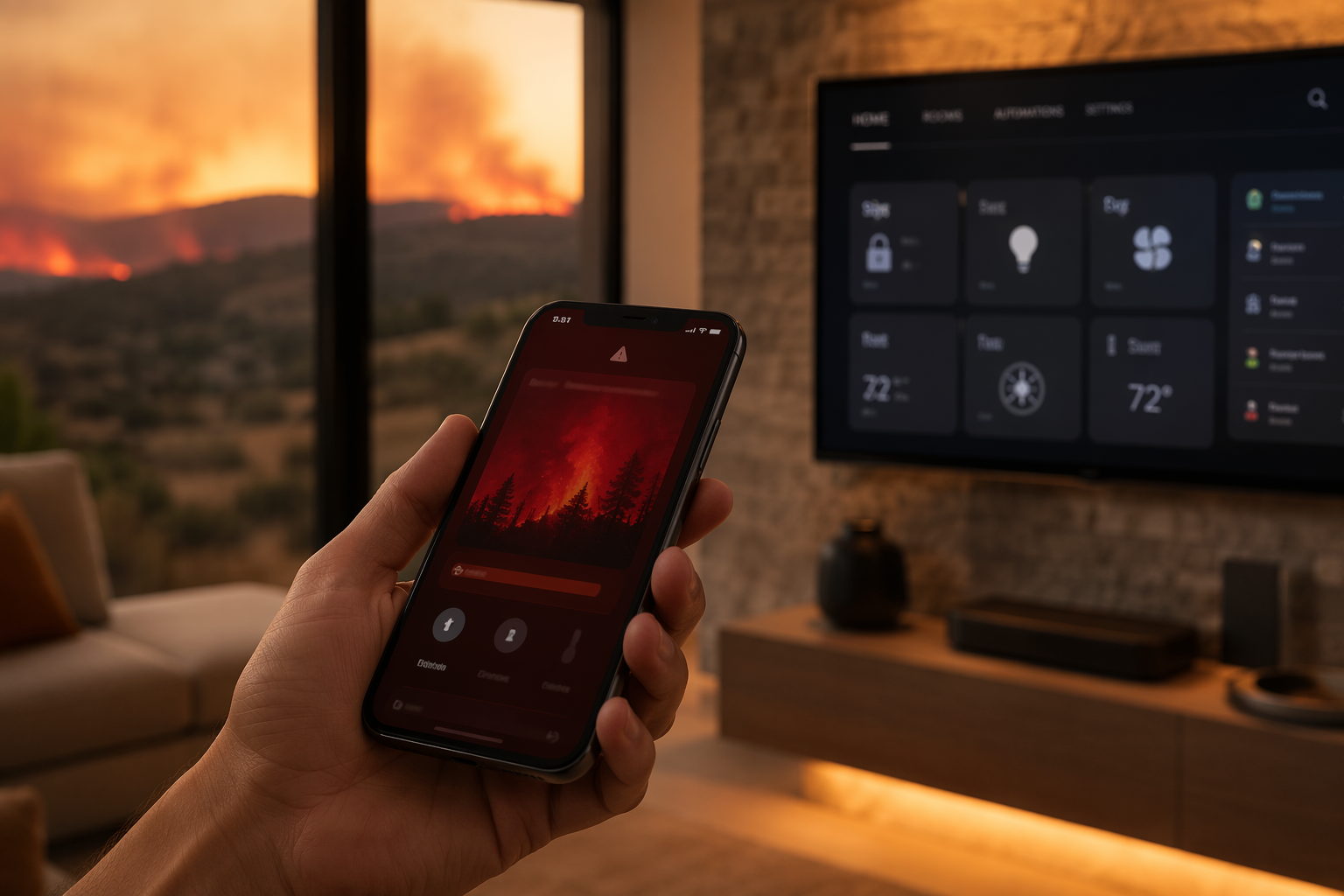 Smartphone showing a red wildfire alert with a smart home control panel in the background
