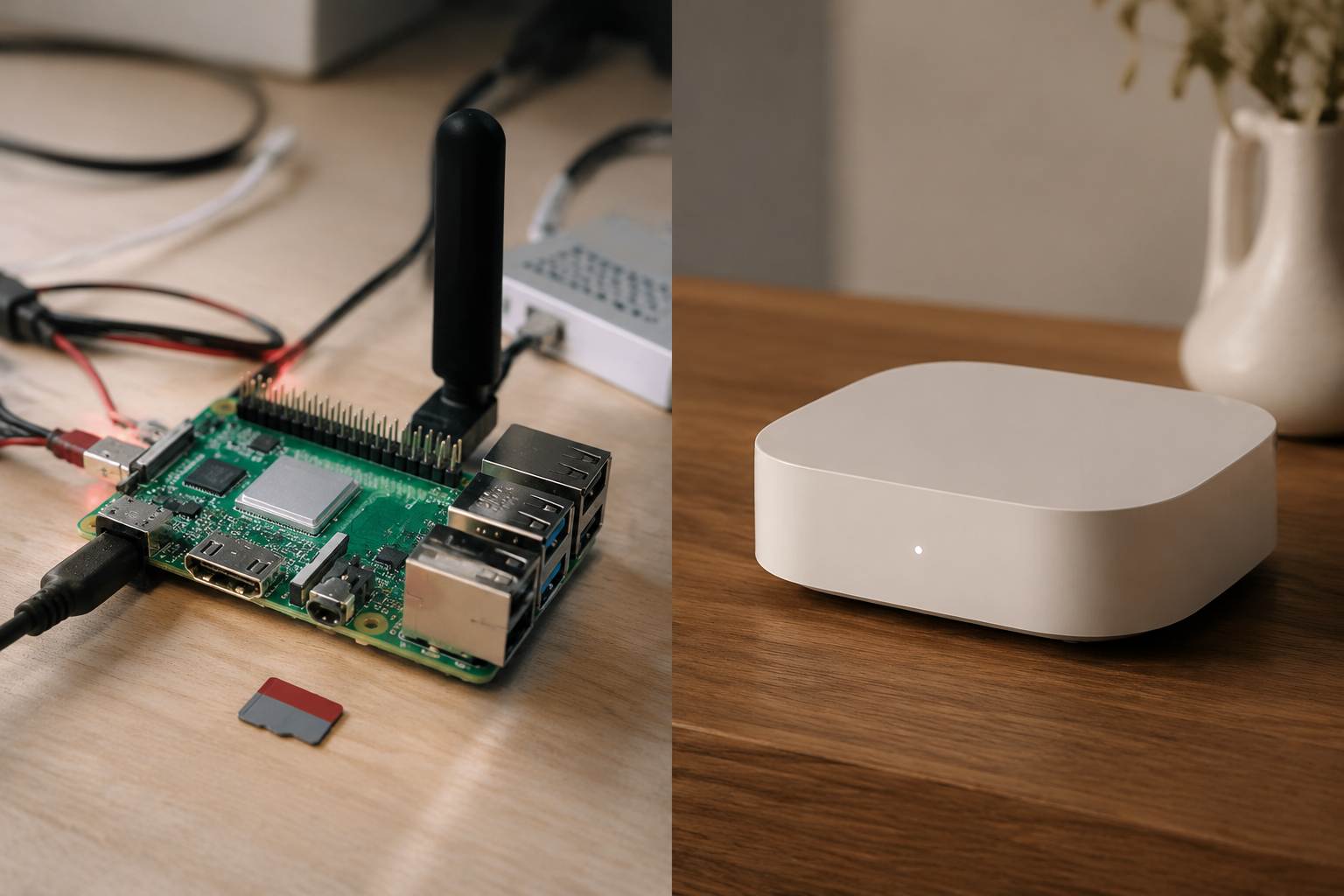 DIY Raspberry Pi 5 hub with USB dongle compared with a sleek commercial smart home hub