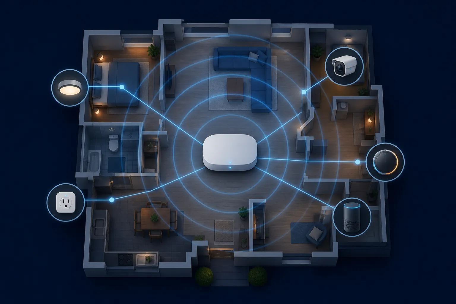 Smart home network with a router centered in a floor plan and connected devices across rooms