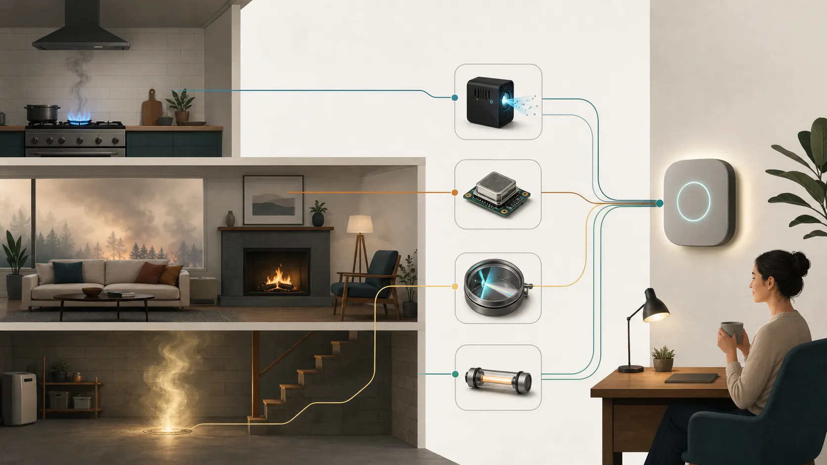 Cutaway of a home showing stove emissions, smoke, basement radon, and breathing-zone pollution connected to distinct sensor modules