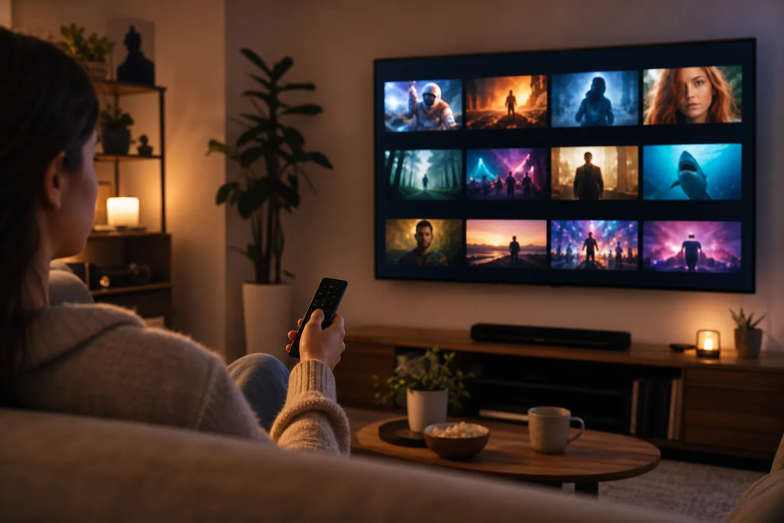 A hand holding a TV remote in a living room while a smart TV shows a streaming home screen