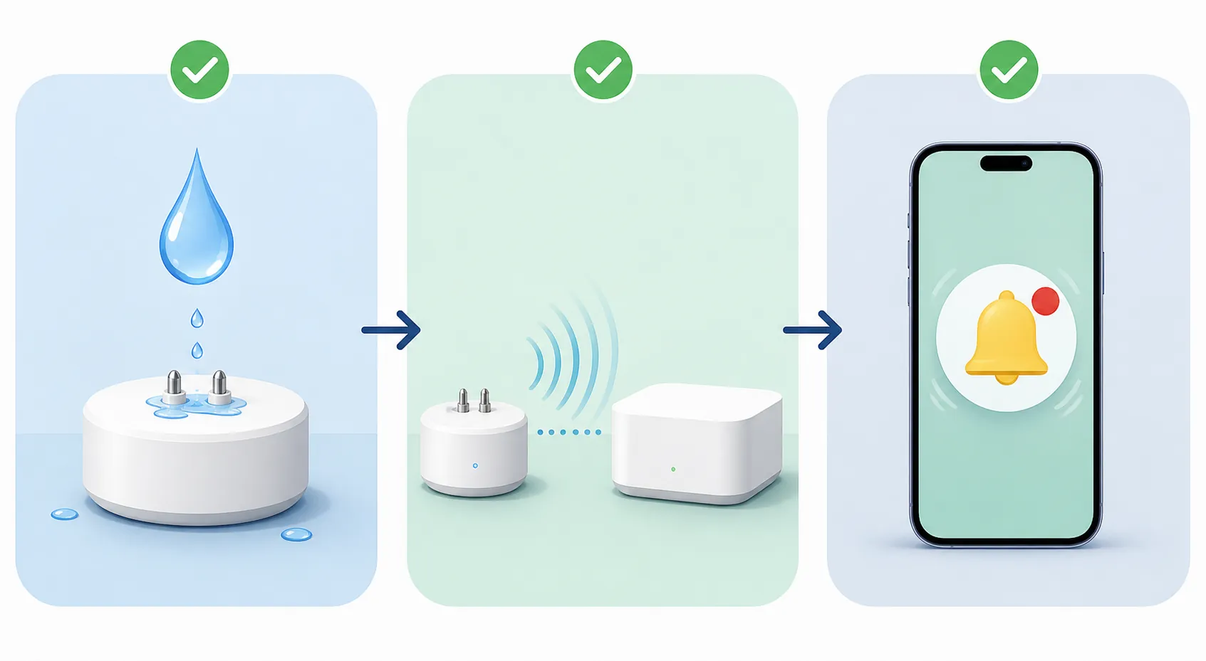 A three-step alert-path check showing water touching a sensor, the signal reaching a hub, and a phone notification appearing