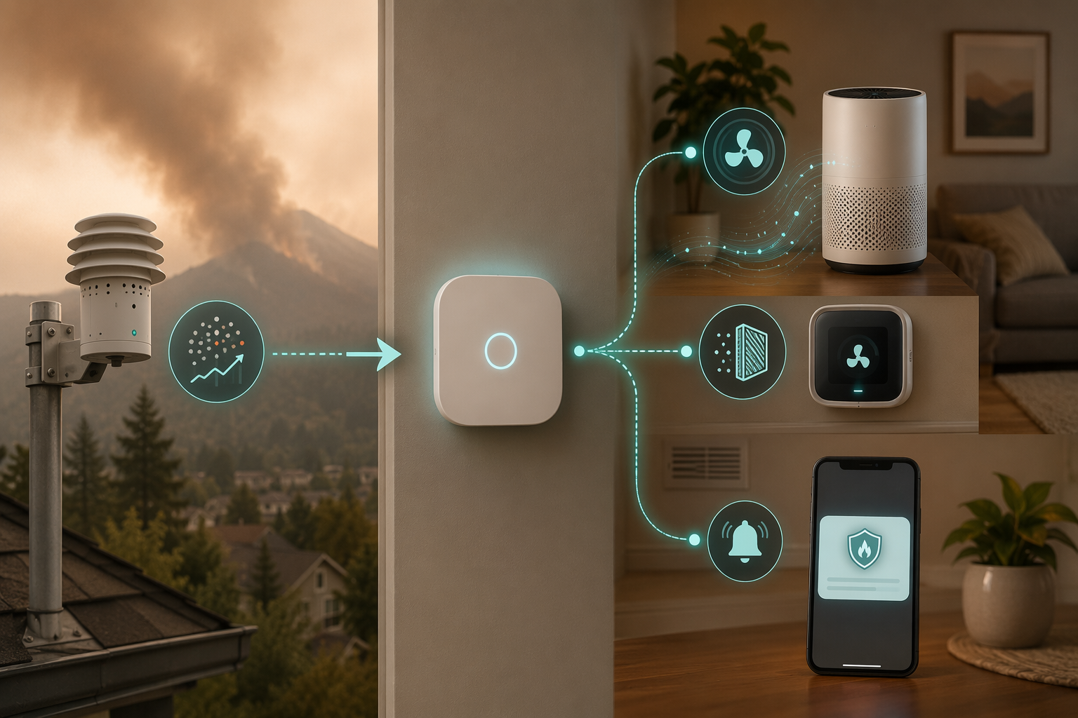 Automation workflow showing a PM2.5 sensor triggering a smart home hub, purifier, HVAC fan, and phone alert
