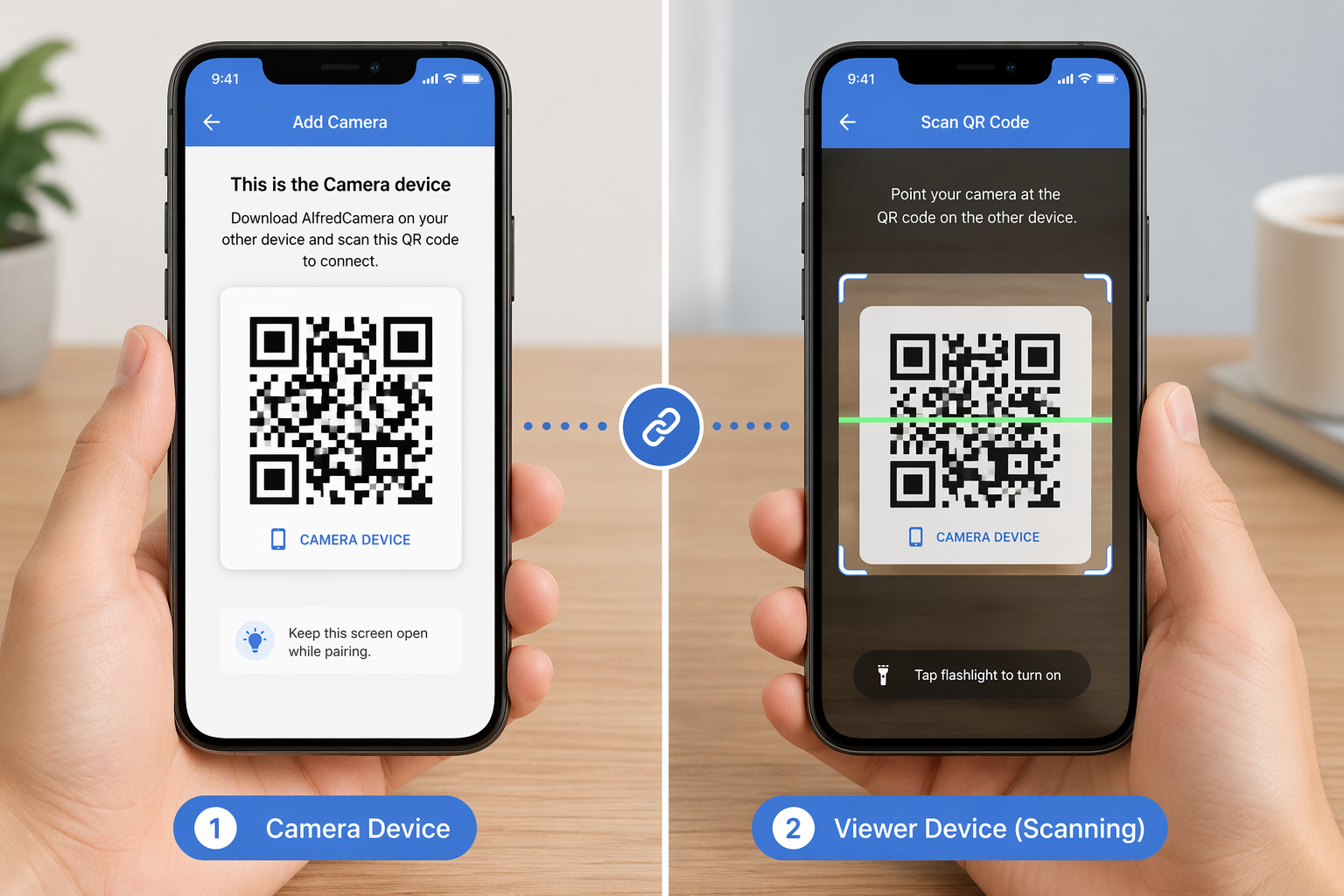 Two phones showing AlfredCamera QR code pairing between camera and viewer devices