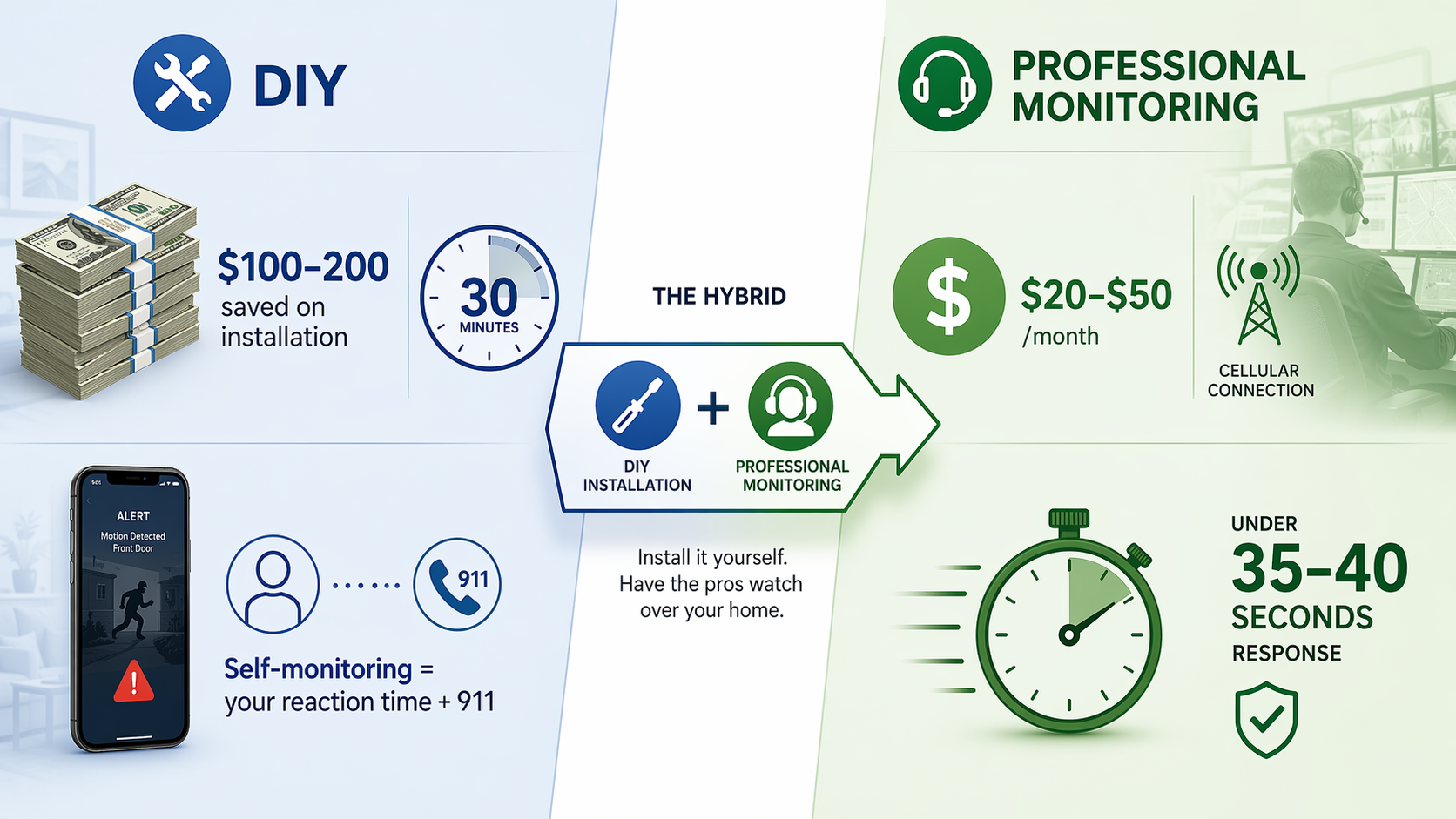 Comparison of DIY savings and phone alerts with professional monthly fees, cellular backup, and faster response